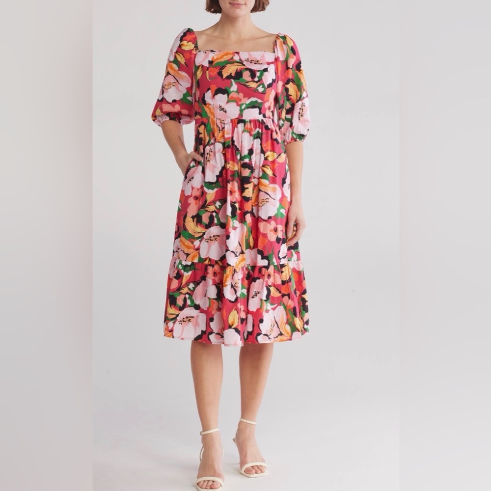 Vince Camuto Pink and Orange Floral Puff Sleeve‎ Tiered Midi Dress